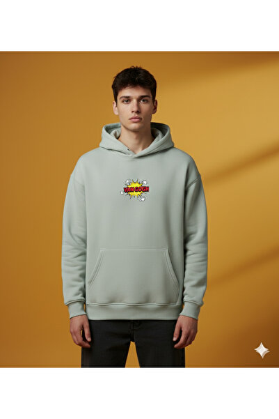 By Caspita Fashion Μπεζ φούτερ με κουκούλα με στάμπα στο πίσω μέρος, Unisex, Oversize, Lenithra Pop Art Van Gogh