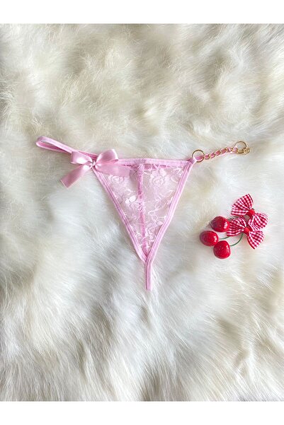 Maly Love Kadın Dantel Zincir ve Fiyonk Detaylı Tanga Külot - Pembe İç Çamaşırı