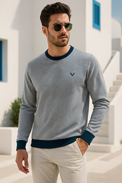 Rich Чоловічий синій светр з квадратним візерунком і велосипедним коміром