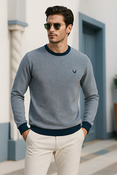 Rich Чоловічий синій светр з квадратним візерунком і велосипедним коміром
