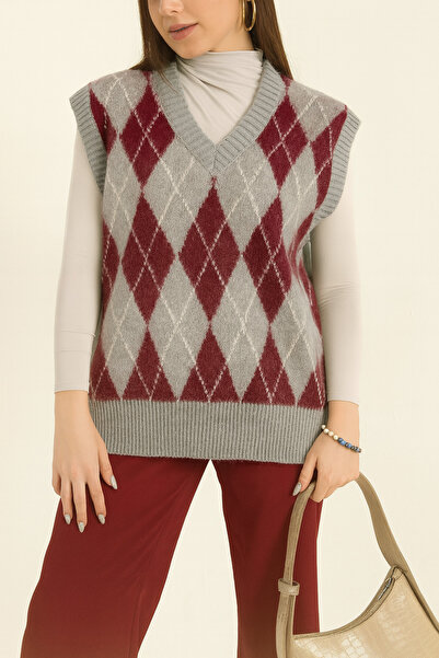 VıoShıne Kadın Baklava Desenli Oversiz Bordo Sakallı Triko Süveter