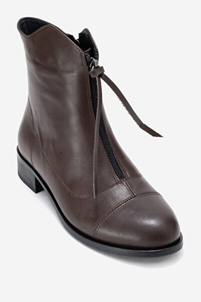 Dericlub Women's Zippered Flat Heel Boots Real Leather Rc 323 Brown