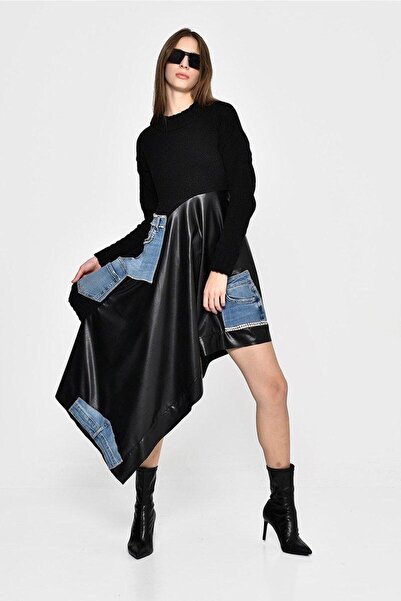 DQMANE Asymmetrical Denim and Stone Detail Dress