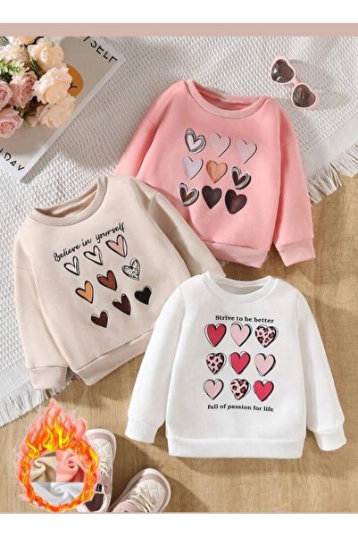 VESTIR BIEN New Pink-Beige-White Multi Heart Girls 3-Piece Set Top Sweatshirt