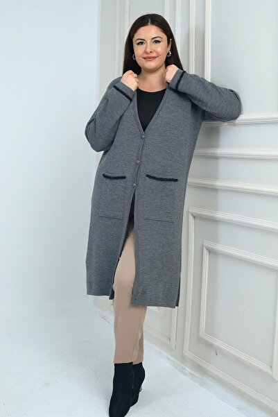 By Saygı Γυναικείες τσέπες ριγέ Μεγάλο μέγεθος Μακρύ πλεκτό ζακέτα