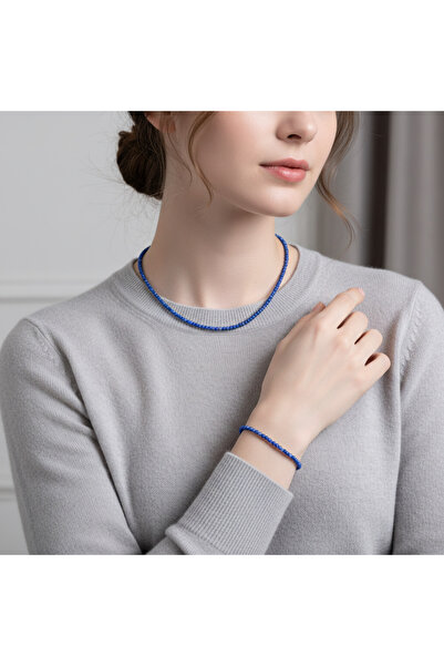 Safnaturel طقم قلادة وسوار من حجر اللازورد الطبيعي 4 ملم