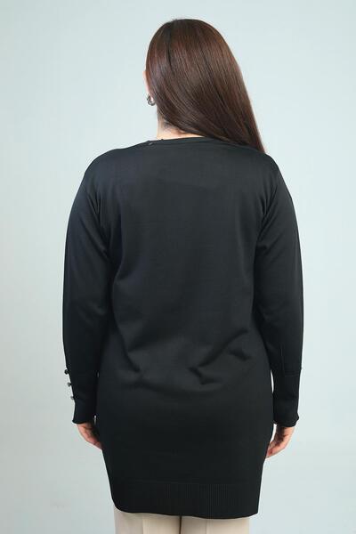 By Saygı Women's Sleeves Button Detailed Studded Plus Size Long Cardigan