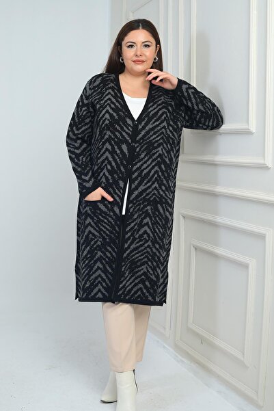 By Saygı Women's Zebra Patterned Large Size Knitwear Long Cardigan with Pockets