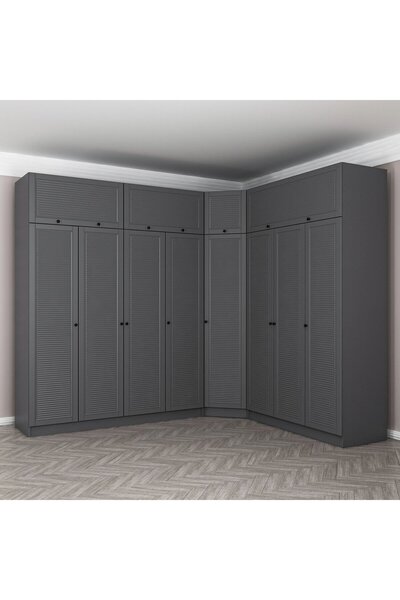 Minar Kale 8 Kapaklı 4 Çekmeceli Köşe Dolap + Yüklük Antrasit Mebran Panjur 255CM