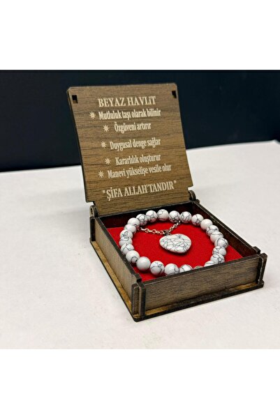 VURAL BİJUTERİ Özel Ahşap Kutulu Beyaz Havlit Taşı Bileklik Kolye Seti