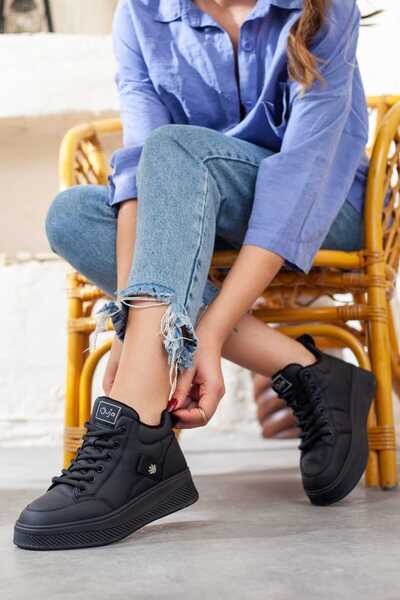 Adım Adım Women's Soft Casual Black Shoes with Fur Inside