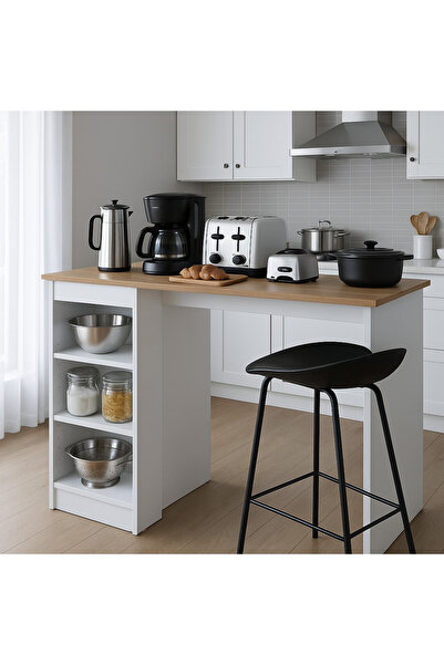 Industrial Living Bar Masası 3 Raflı Yüksek Mutfak Yemek Masası, Sepet, Ceviz – Beyaz, 1. Sınıf MDF