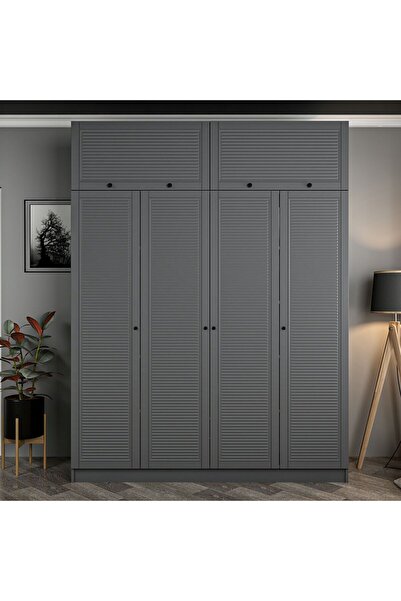 Minar Kale 4 Mebran Panjur Kapaklı 2 Çekmeceli Dolap Ve Yüklük Antrasit 235CM