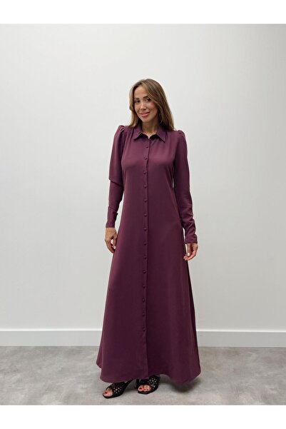 Maldia Shop Women's Sleeve Zippered Buttoned Maxi Plum Dress