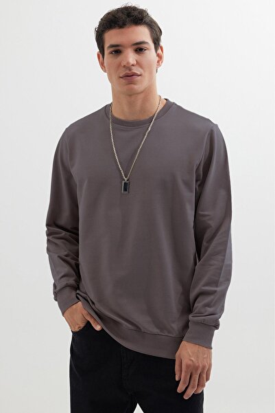 Tudors Мъжка блуза с удобна кройка, 100% памук, 2-слойна, с обло деколте, тъмно сива