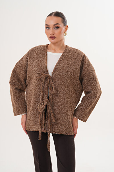 Cebby Kırçıllı Önü Bağlamalı Kahve Oversize Kaban