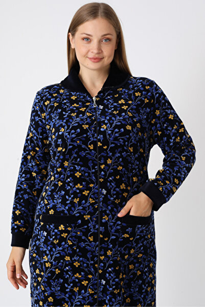 İntensive Navy Blue Patterned Zippered Pocket Long Sleeve Maxi Length Cotton Velvet Women's Plus Size Dress