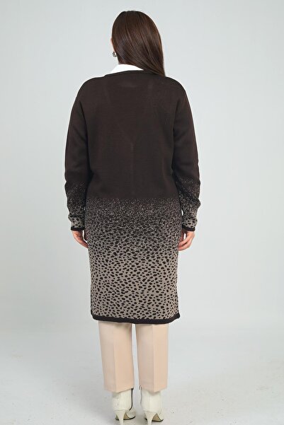 By Saygı Women's Pocketed Leopard Print Plus Size Knitwear Long Cardigan