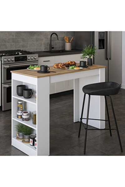 Industrial Living Bar Masası 3 Raflı Yüksek Mutfak Yemek Masası, Sepet, Ceviz – Beyaz, 1. Sınıf MDF