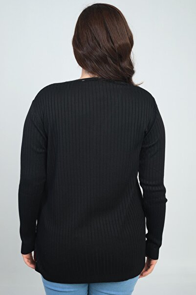 By Saygı Women's V-Neck Front Stripe Ribbed Cold Yarn Plus Size Knitwear Blouse