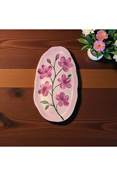 BELLATRİX ATÖLYE Pembe Çiçek Desenli Dekoratif Kayık Tabak – 28,5 cm x 16,5 cm