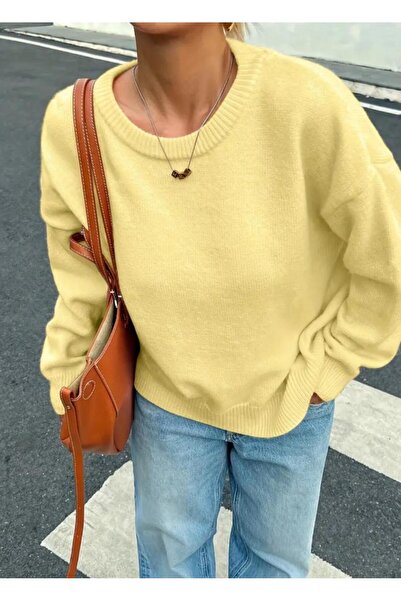 Adeyo Limon Sarı Bisiklet Yaka Oversize Kadın Triko Kazak