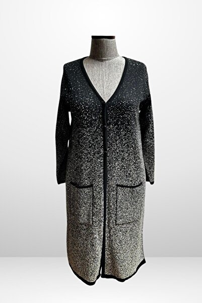 By Saygı Women's Karyağdı Pattern Pocketed Plus Size Knitwear Long Cardigan