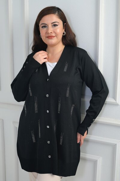 By Saygı Women's Long Cardigan with Button Detail on the Sleeves and Stone Print in Plus Size