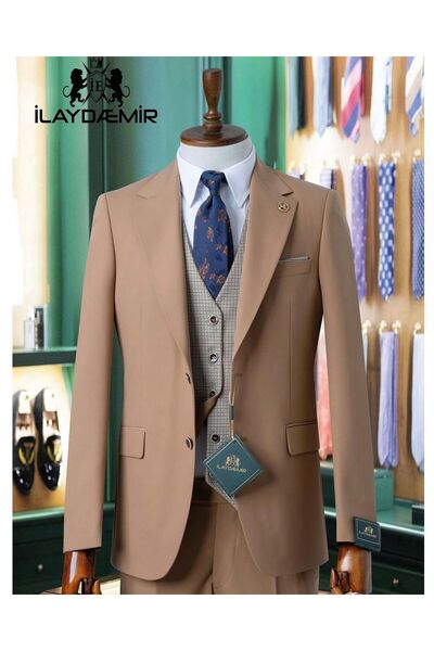 ilayda emir Slim Fit Beige Dobby Men's Suit