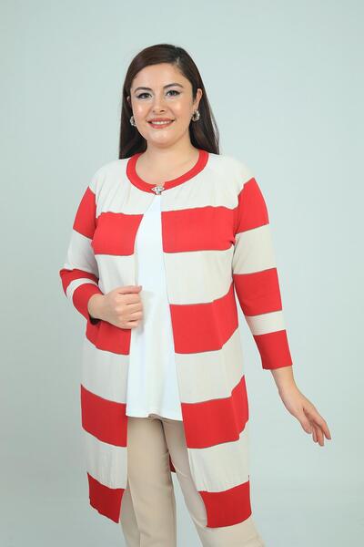 By Saygı Women's Transverse Thick Striped Plus Size Cardigan