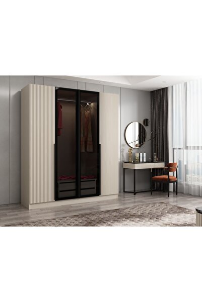 Minar Kale Plus 4 Mebran Kapaklı 2 Çekmeceli Dolap Kumtaşı Mebran Füme Cam 190CM