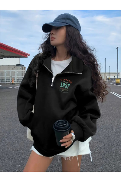 AEMİ Unisex Printed Half-Zip Oversize Sweatshirt