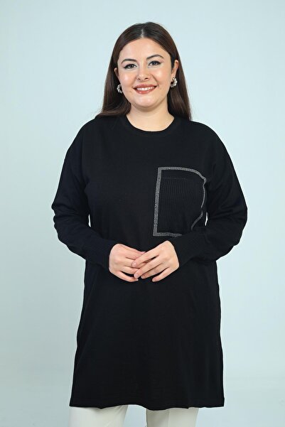 By Saygı Women's Front Single Pocket Stone Print Detailed Plus Size Knitweartunic Blouse