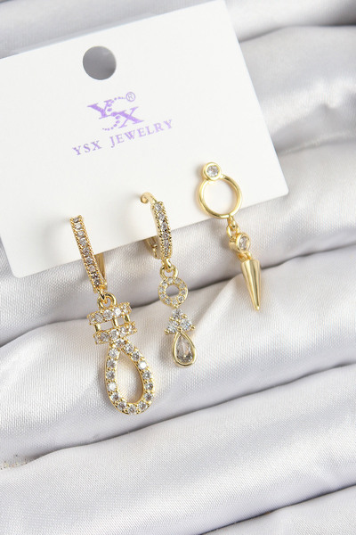 Mustran Brass Zircon Stone Dangle Model Gold Color 3-Piece Women's Earrings
