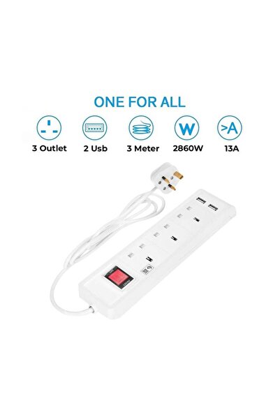 AAPE Hi-Max Power Strip — 3 Outlets + 2 USB Ports, 3m