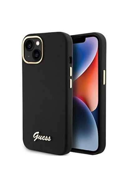 Guess Case for iPhone 15 Black HC Silicone Script Metal Logo & Frame