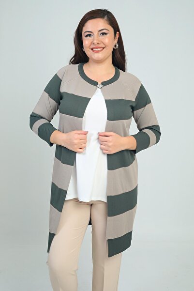 By Saygı Women's Transverse Thick Striped Plus Size Cardigan