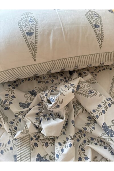 SARAS LABEL Heritage Block Print 100% Cotton Percale Bedsheet with 2 Pillowcases