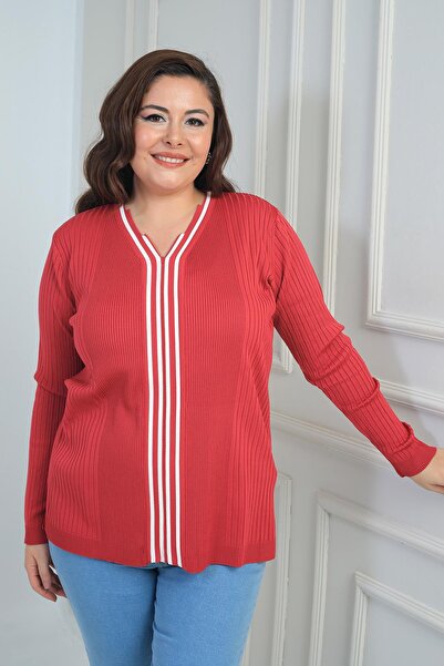 By Saygı Women's V-Neck Front Stripe Ribbed Cold Yarn Plus Size Knitwear Blouse