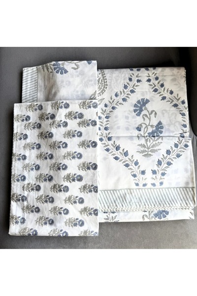 SARAS LABEL Heritage Block Print 100% Cotton Percale Bedsheet with 2 Pillowcases
