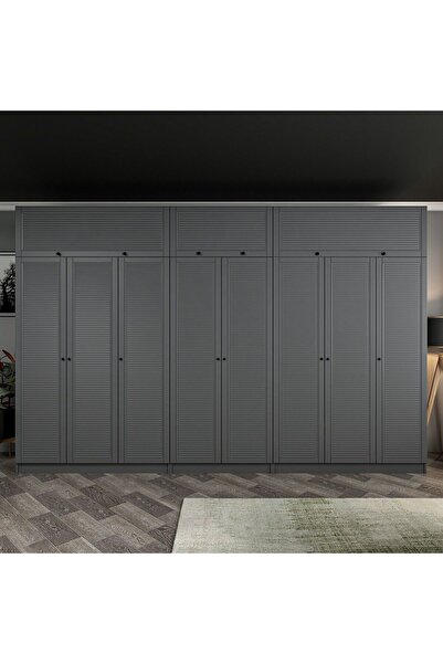 Minar Kale 8 Mebran Panjur Kapaklı 4 Çekmeceli Dolap Ve Yüklük Antrasit 235CM