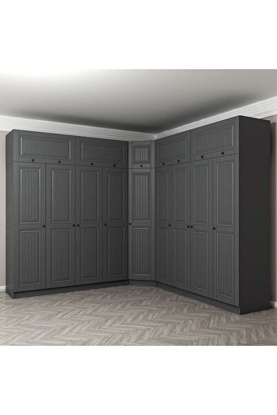 Minar Kale 9 Kapaklı 4 Çekmeceli Köşe Dolap + Yüklük Antrasit Mebran İlkbahar 255CM