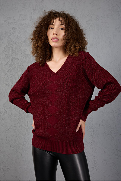 Moda Days Women's Burgundy Glitter Thessaloniki Knitted Diamond Pattern Wide Cuff V-Neck Knitwear Sweater