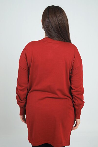 By Saygı Women's Front Single Pocket Stone Print Detailed Plus Size Knitweartunic Blouse