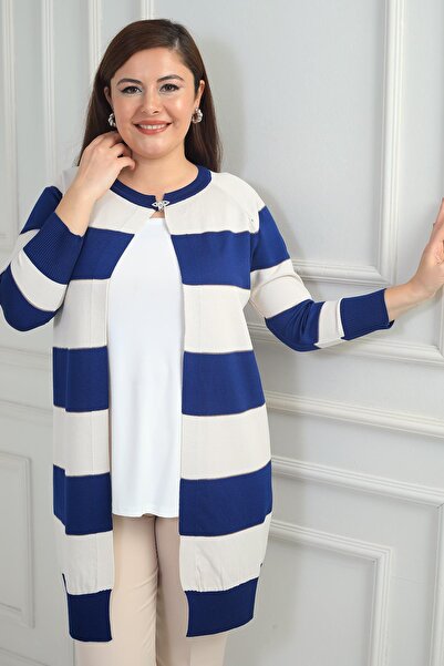 LipLipo Women's Transverse Thick Striped Plus Size Cardigan