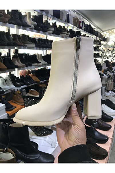 Brs Krem Vegan Deri Kalın Topuklu Bot