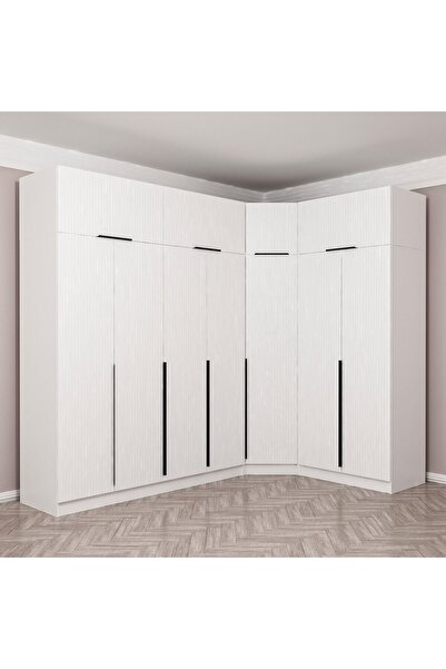 Minar Kaleplus 7 Kapaklı 2 Çekmeceli Köşe Dolap + Yüklük Beyaz Mebran Beyaz Ç...