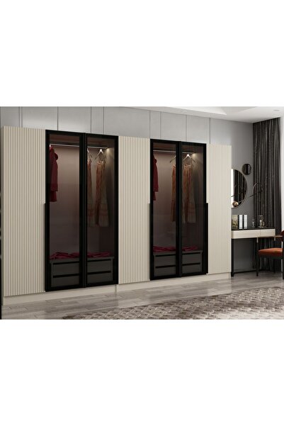 Minar Kale Plus 7 Mebran Kapaklı 4 Çekmeceli Dolap Kumtaşı Mebran Füme Cam 190CM