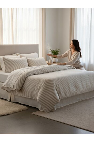 Şaheser Nives Naturel Duvet Cover Set – 100% Natural Cotton, Breathable and Soft