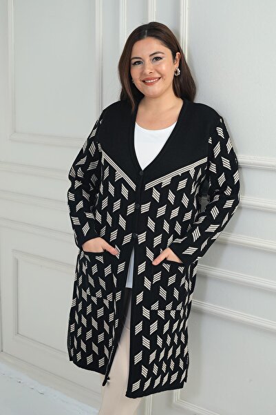 By Saygı Women's Geometric Pattern Plus Size Lycra Long Knit Cardigan with Pockets
